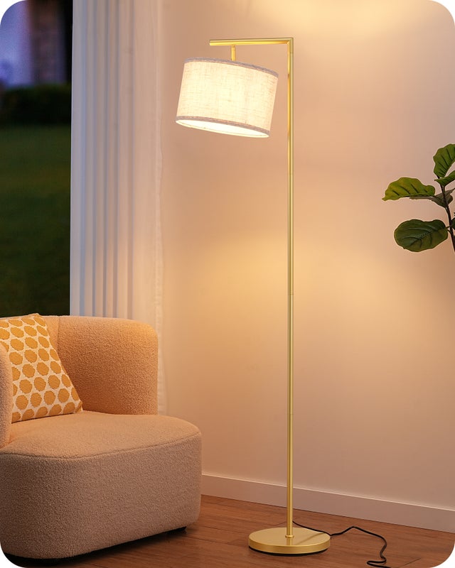 EDISHINE Lampadaire sur Pied Salon, Abat-jour à Angle Réglable en Lin Beige, E27 Ampoule 2700K Incluse, Interrupteur à Pédale, Doré