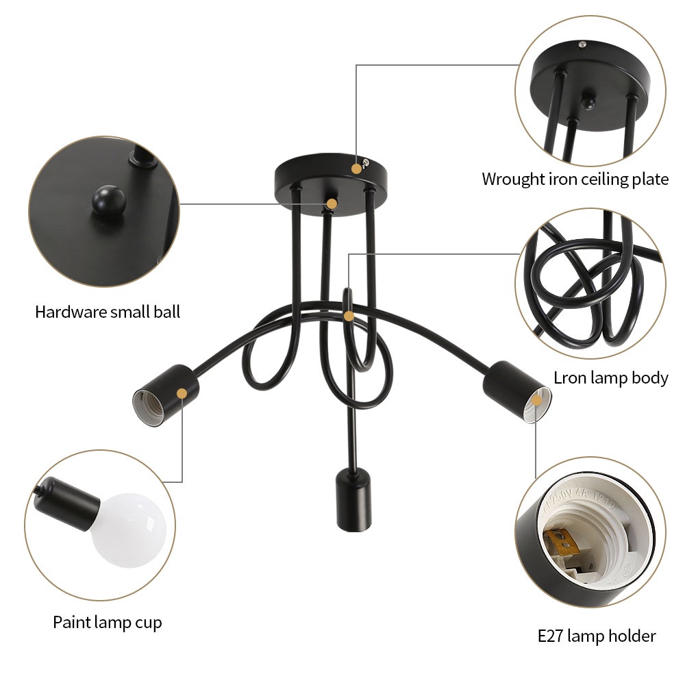 GLAMARIS Plafonnier Métallique Noir 3 Têtes,E27 Sans Ampoules,Design Vintage,40x40x30cm,Éclairage Décoratif pour Salon et Chambre - 3