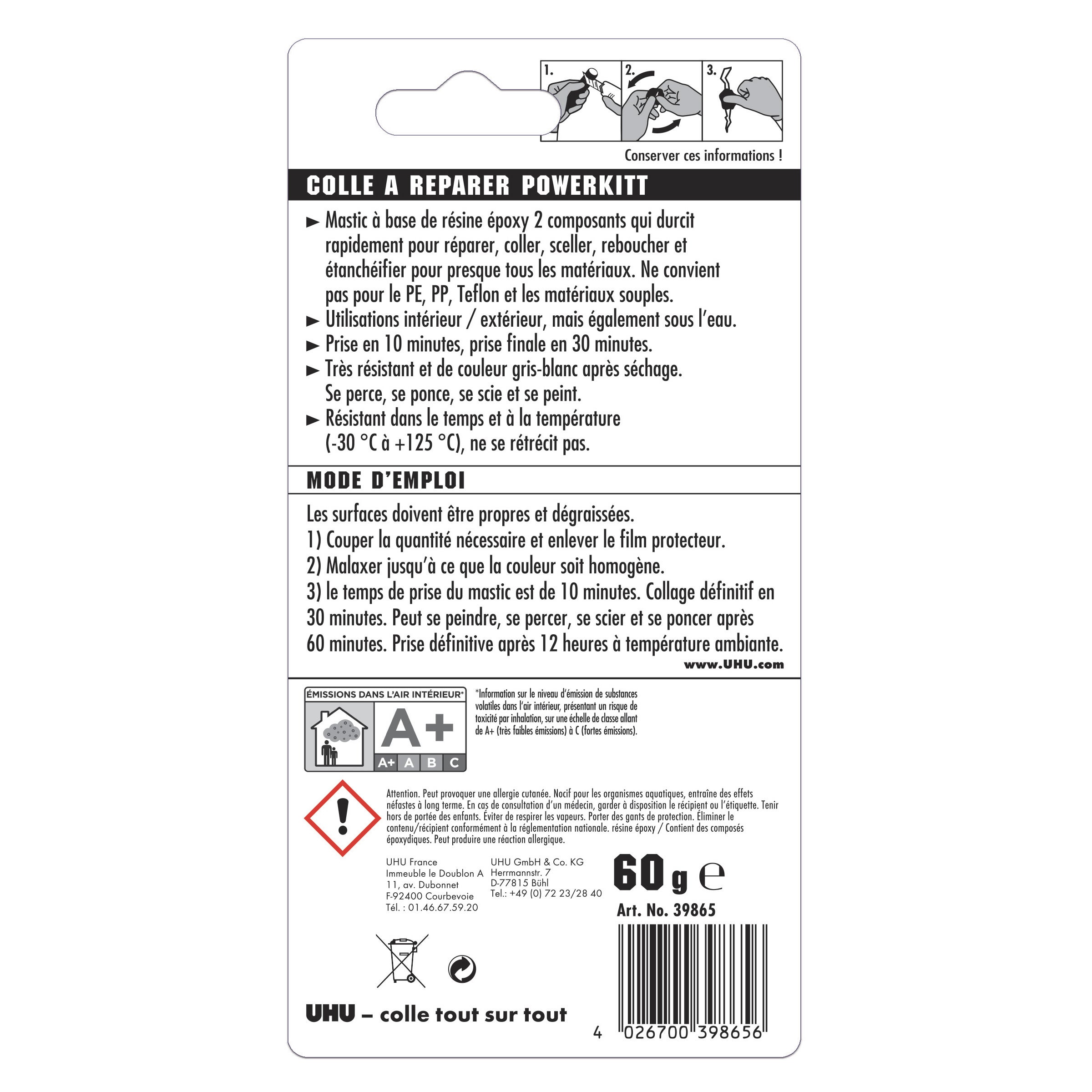 UHU Colle à réparer Powerkitt universel - Pâte époxy 2 composants pour coller, combler, étanchéifier, réparer, intérieur et extérieur, Gris, 60g - 5