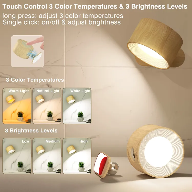 Lot de 2 appliques murales avec 3 températures de couleur et télécommande, lampe de lecture sans fil, veilleuse tactile à intensité variable, Beige - 4