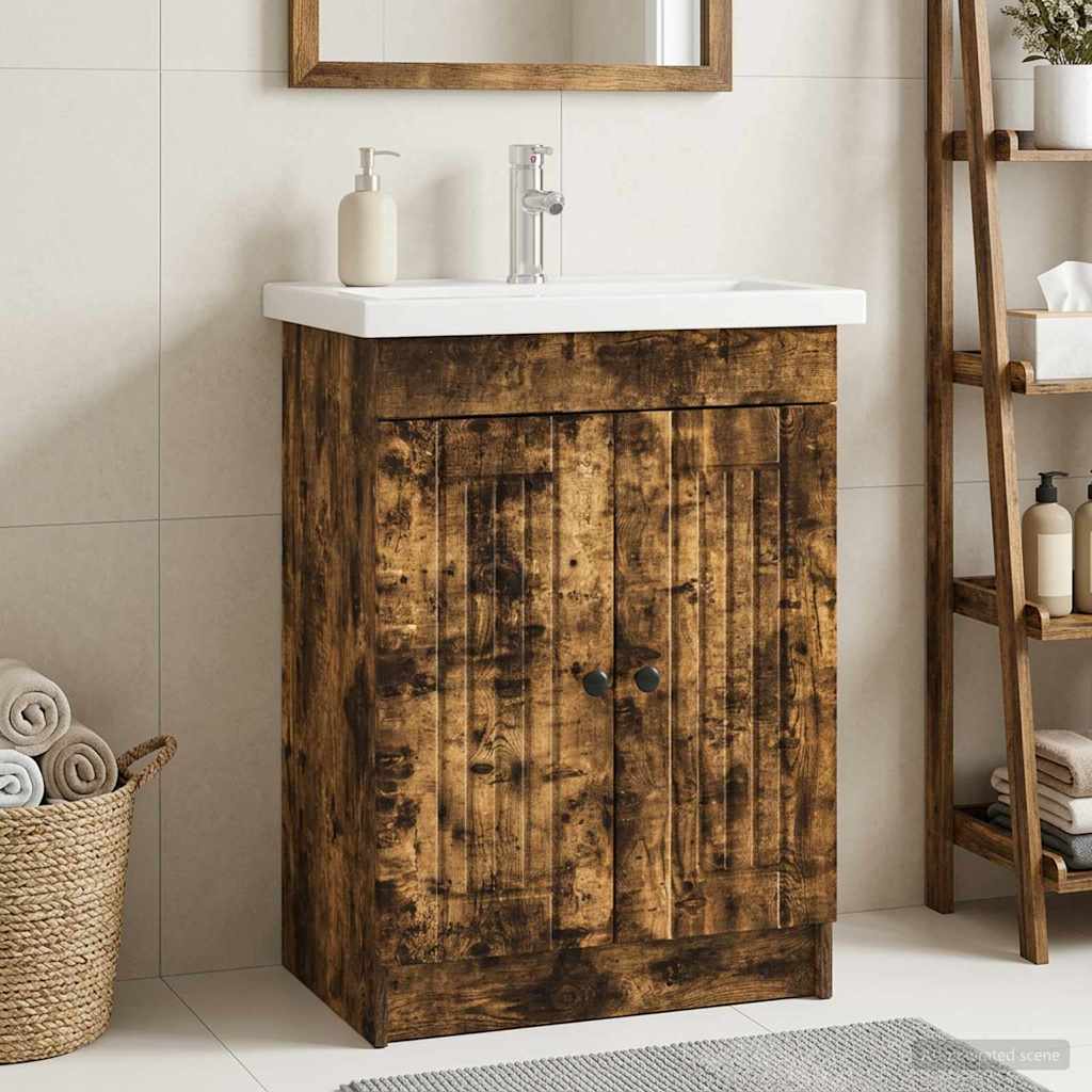 Armario bajo fregadero roble ahumado para baño, 78,5 × 37,5 × 81 cm