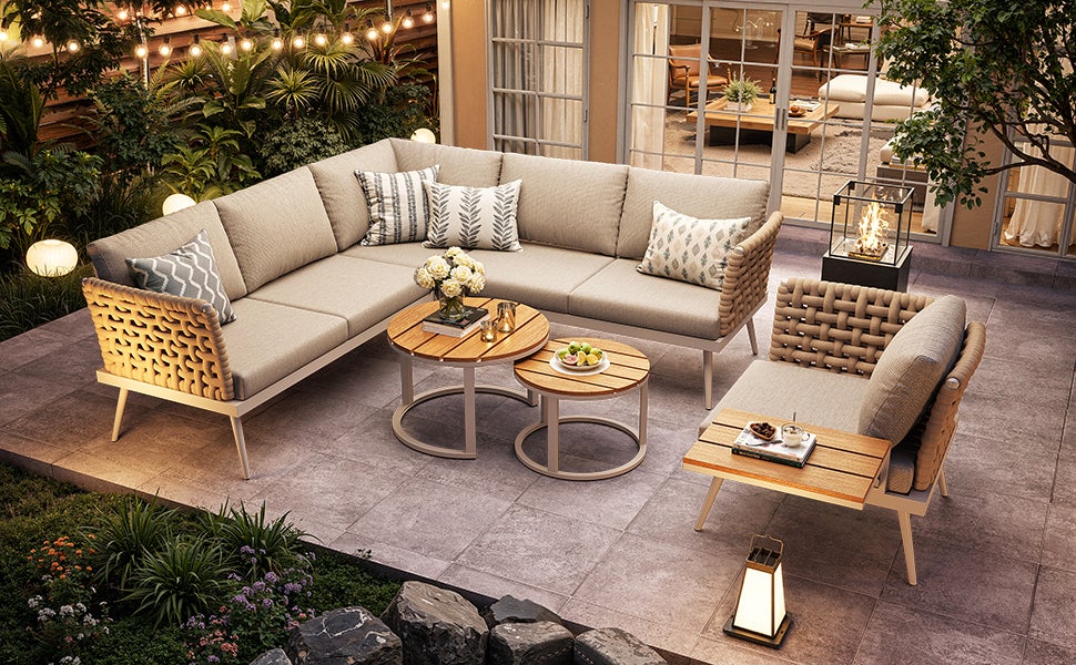 Conjunto de muebles de jardín modulares de hierro de 6 plazas: 2 sofás + 1 sillón + mesas de centro apilables - Beige - 8