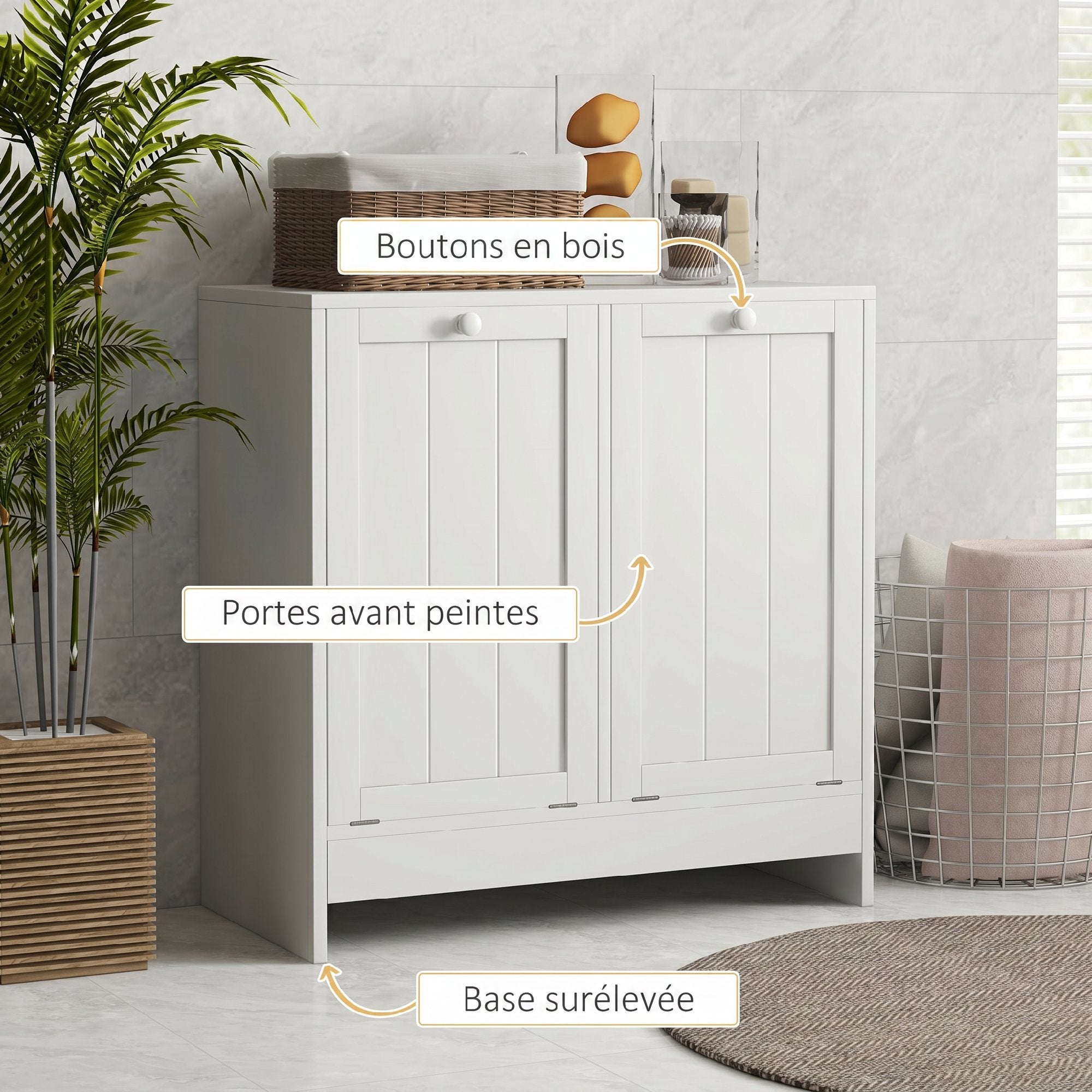 Meuble salle de bain avec panier à linge - kleankin - 2 portes et 2 paniers - bois - 66x33x68cm - blanc - 5