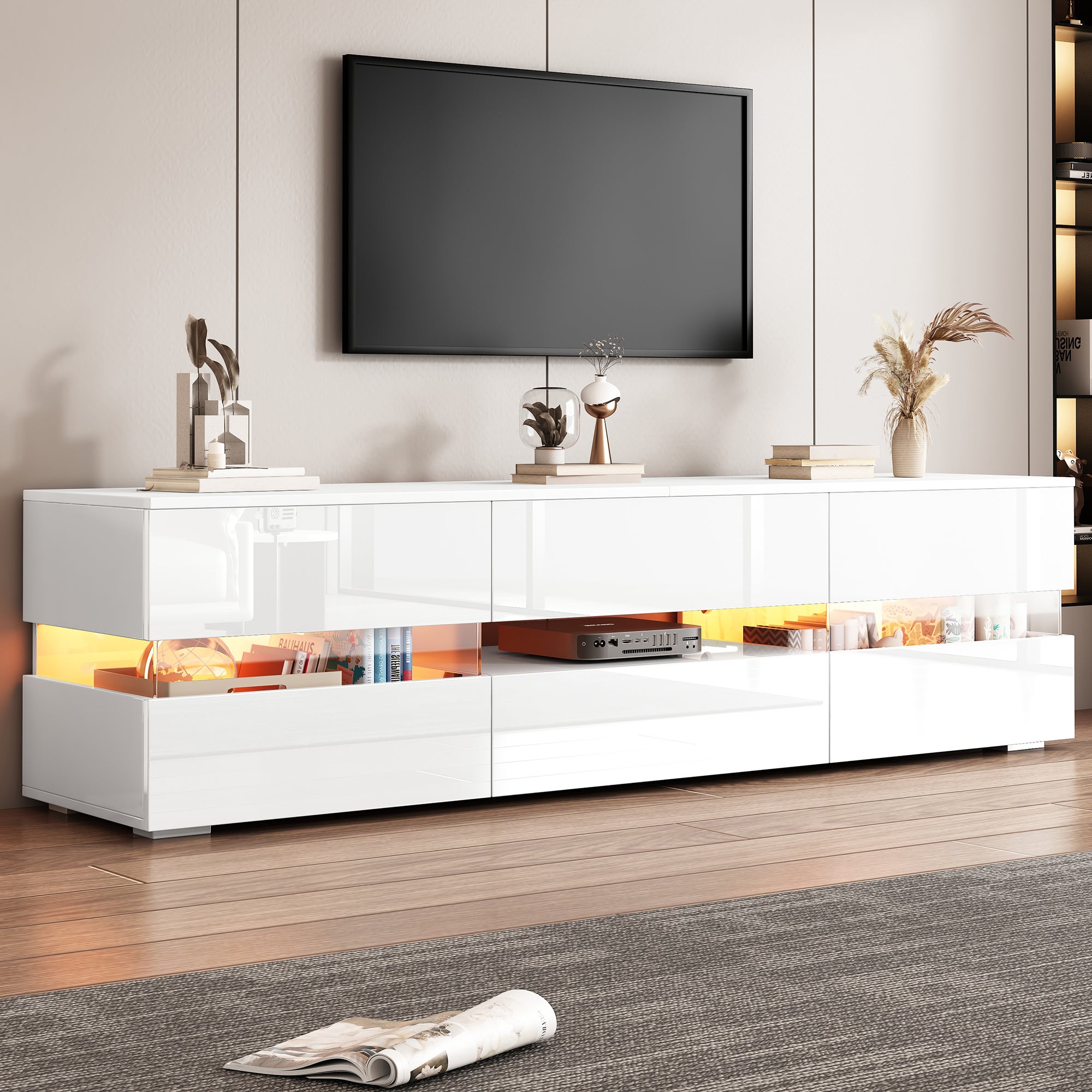 Meuble TV avec 2 portes, 2 tiroirs, compartiment ouvert - 160 x 39 x 45 cm - Panneau de particules - LEDs - Blanc brillant - 3