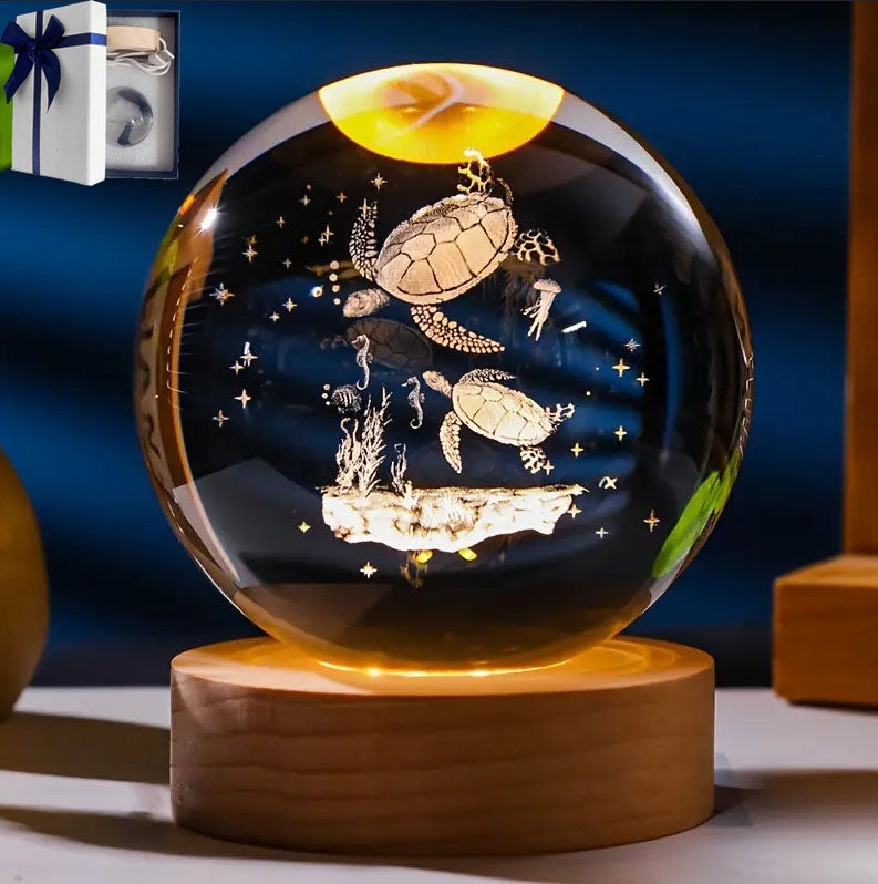 Lampka nocna z kulą kryształową 3D Żółw o średnicy 8 cm, z podstawką i kablem USB, do dekoracji pokoju, kolorowe światło.