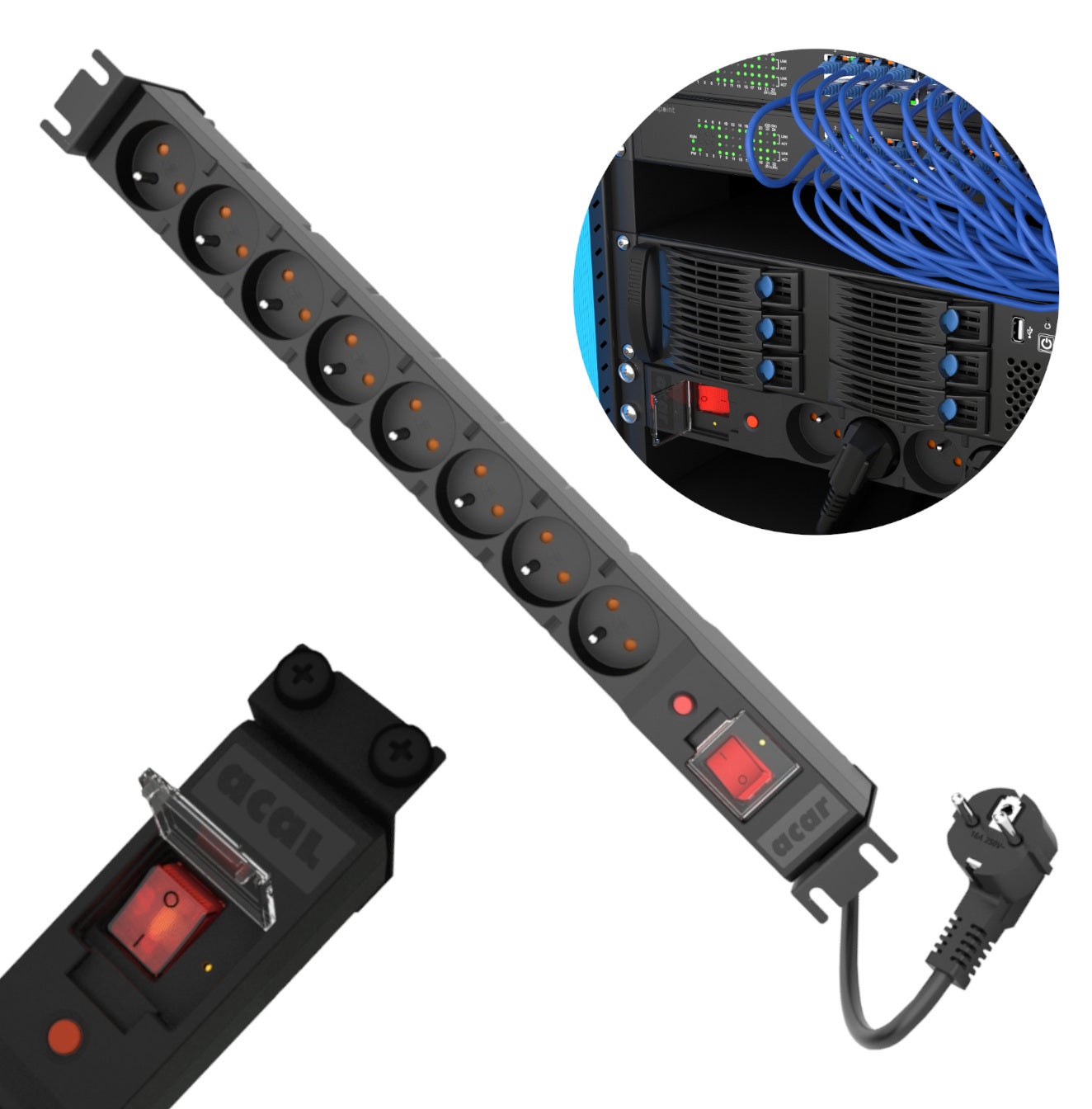 ACAR Listwa Antyprzepięciowa RACK 19 1U 8gn Bezpiecznik Filtry PDU 16A 1,5m