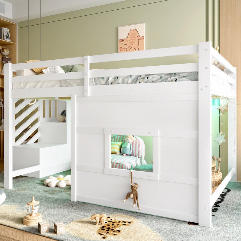 Lit mezzanine 140x200 cm avec Éclairage LED, lit superposé avec escalier Rangement et Fenêtre Ludique, lit enfant avec sommier à lattes, blanc - 5