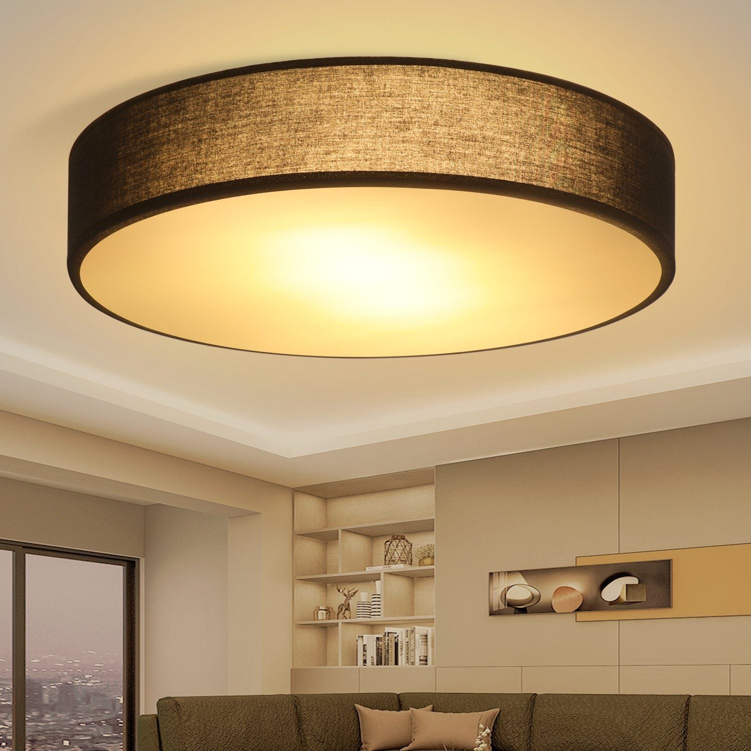 MeineWunschleuchte Plafonnier Rond Intemporel Avec Lumière LED - Abat-jour En Tissu Noir 60 Cm Et Couvercle Satiné Pour Un éclairage Sans