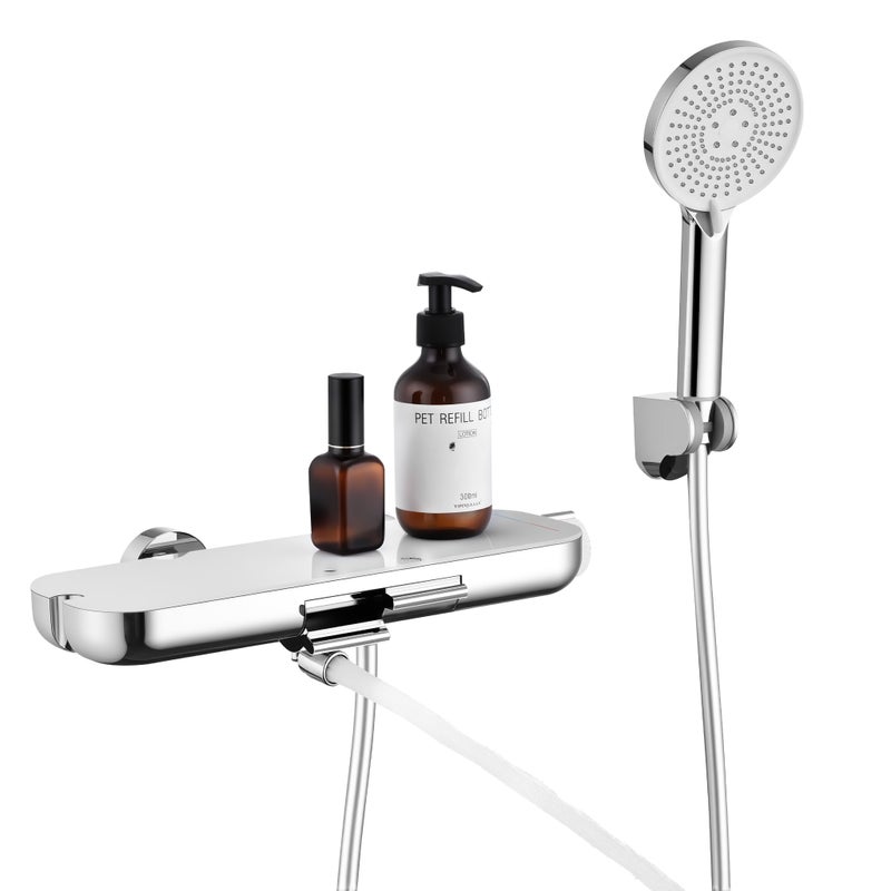 Bateria wannowa z półką 120×370 mm, słuchawka prysznicowa i odpływ wannowy, chrom