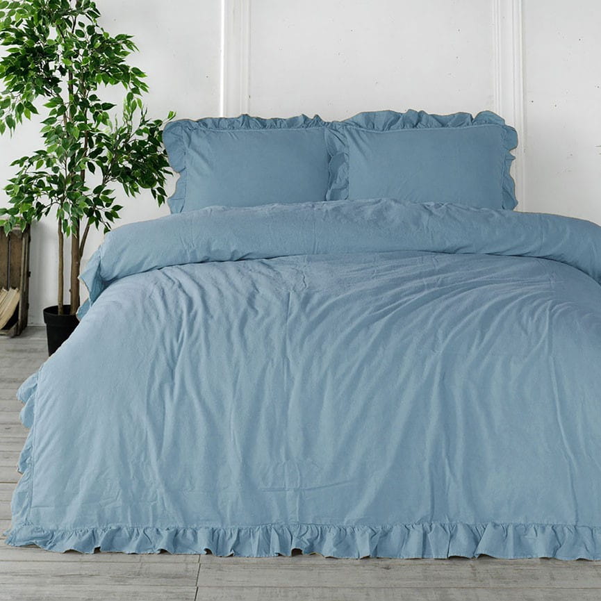 Pościel bawełniana z falbanką 220x200 Stonewashed Exclusive, Niebieska - Limasso