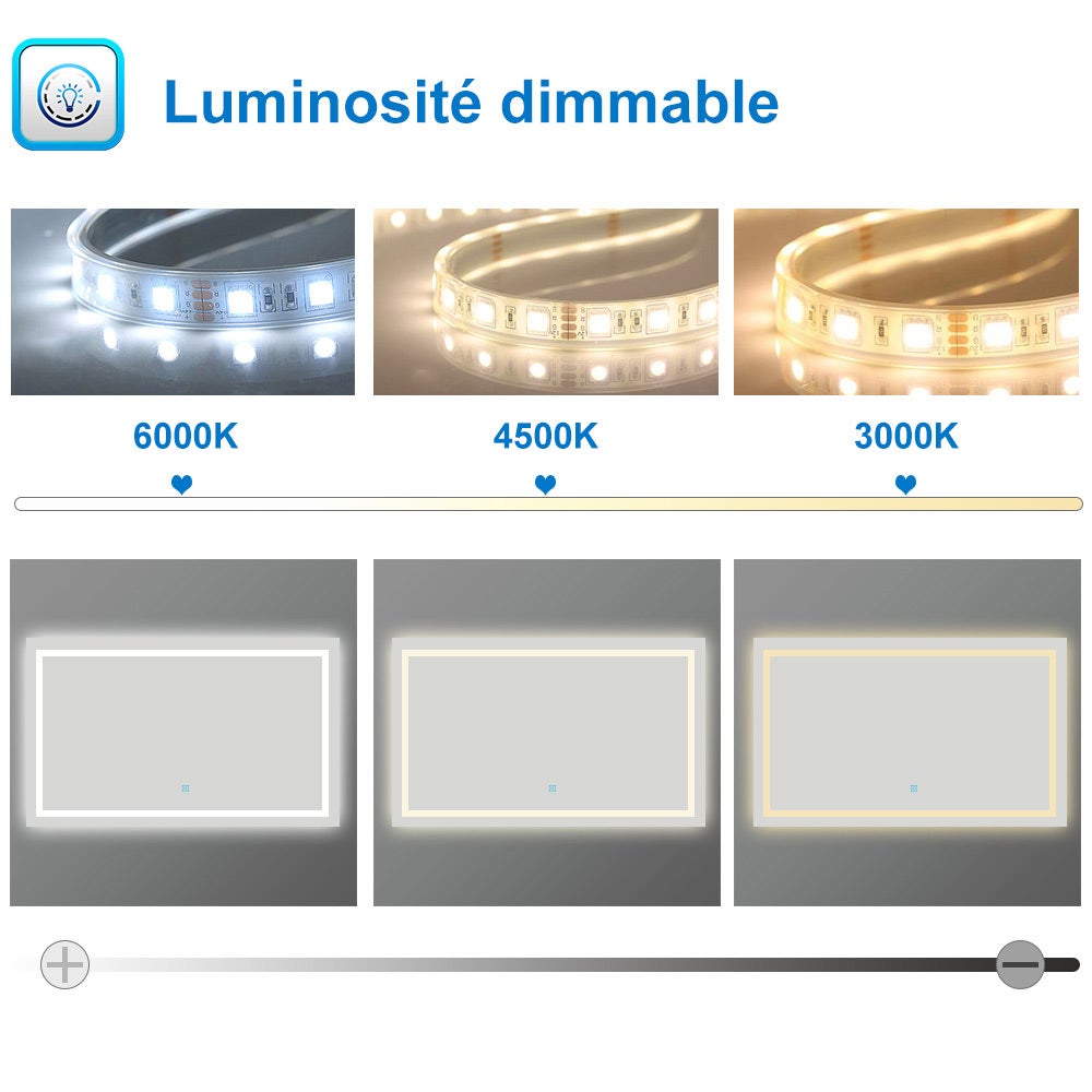 Miroir de salle de bain lumineux L.160 x H.80 cm avec Anti-Buée + 3 Couleurs + Dimmable, Miroir LED Mural - 4