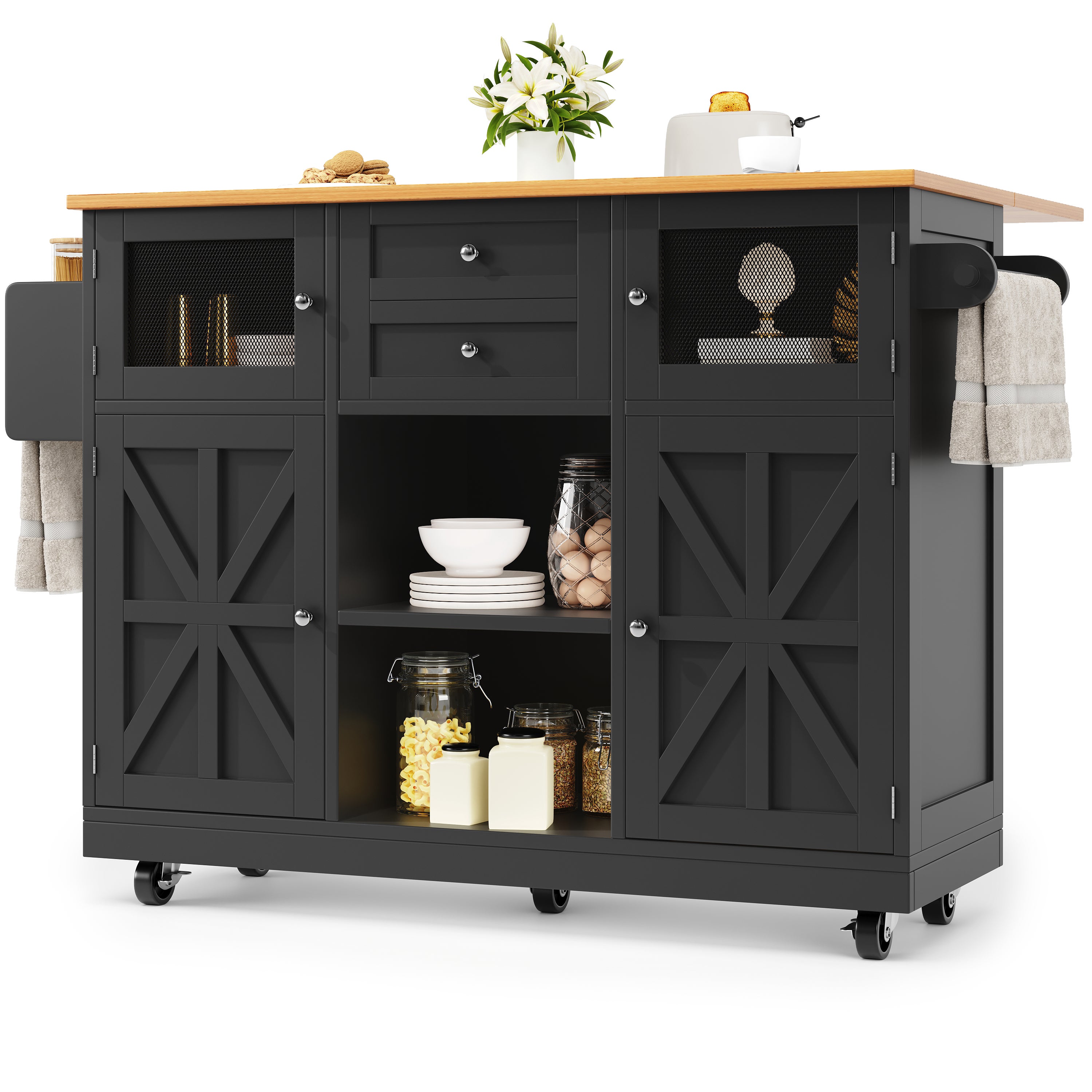 Ilot central de cuisine mobile 140x70x93.5cm - 2 tiroirs et 4 portes - plateau extensible - étagères ajustables - noir - 5