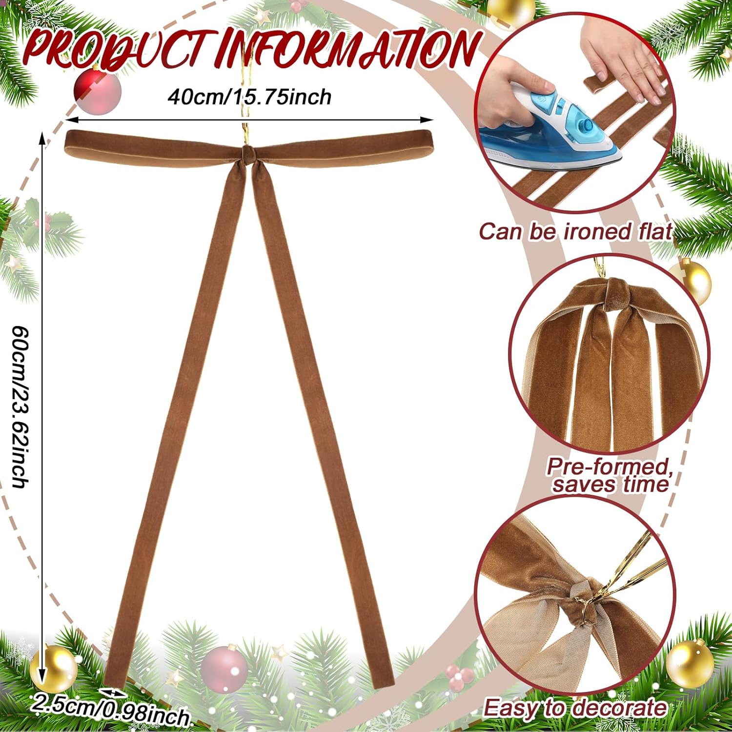 24 Noeuds De Noël En Velours Pré-Noués - 18x13 Cm - Décoration Sapin, Couronne, Cheminée (Marron)