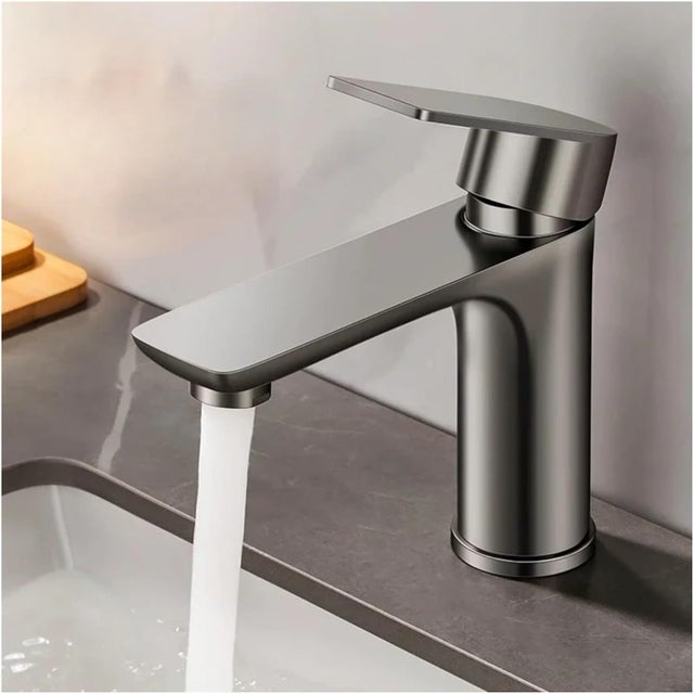 Grifo Lavabo Baño Acero Inoxidable 304 Mango Único Gris, Mezclador Agua Caliente/Fría para Fregadero y Cocina (Gris)