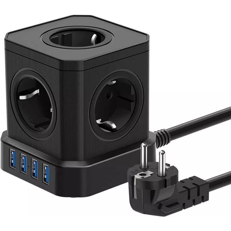 Pluackg — Multiprise cube 8-en-1 USB, câble 3 m — Noir
