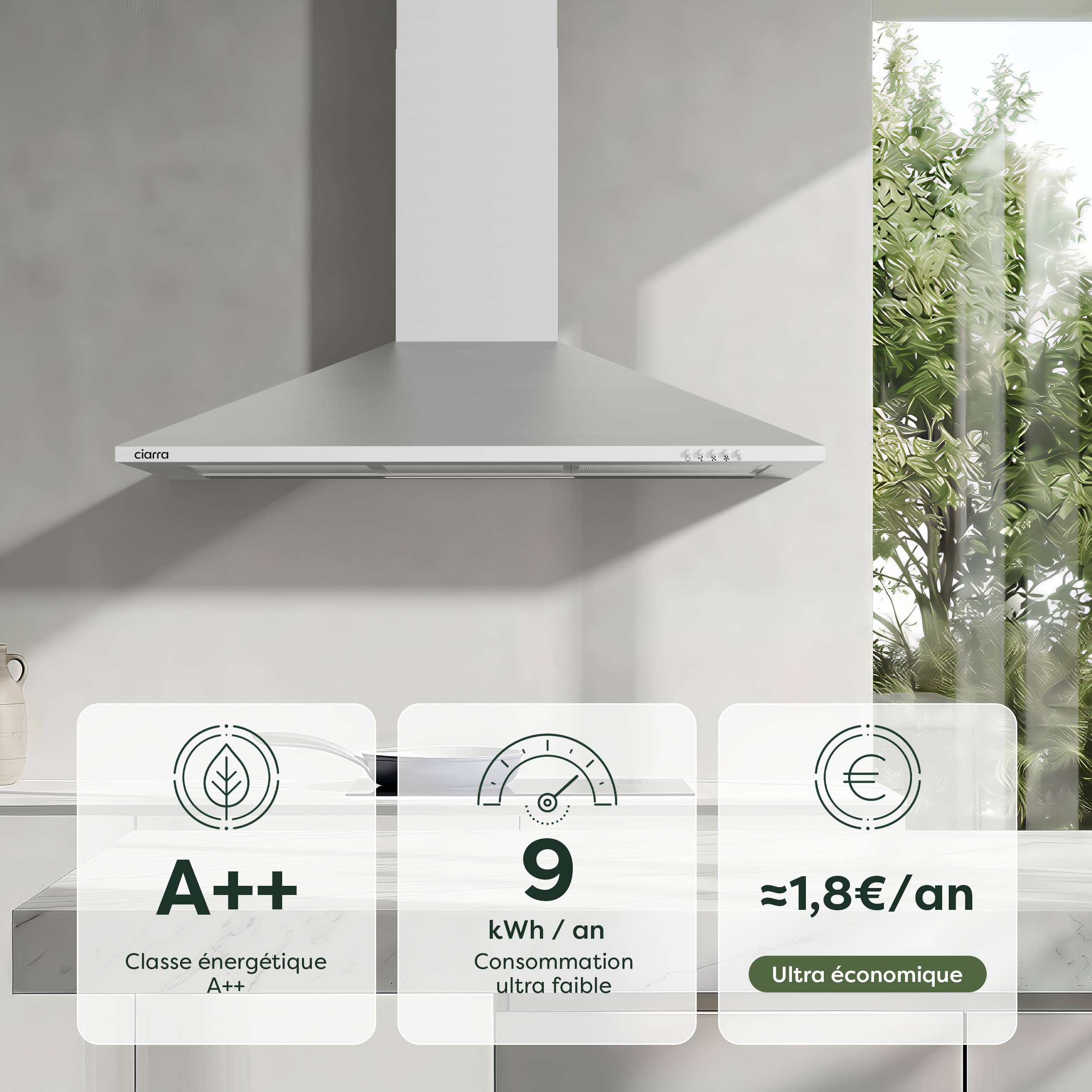 CIARRA Exaustor de parede 90 cm 406 m³/h A++ 3 Velocidades com Filtros de Carvão Extração ou Recirculação Inox 201SS90 - 2
