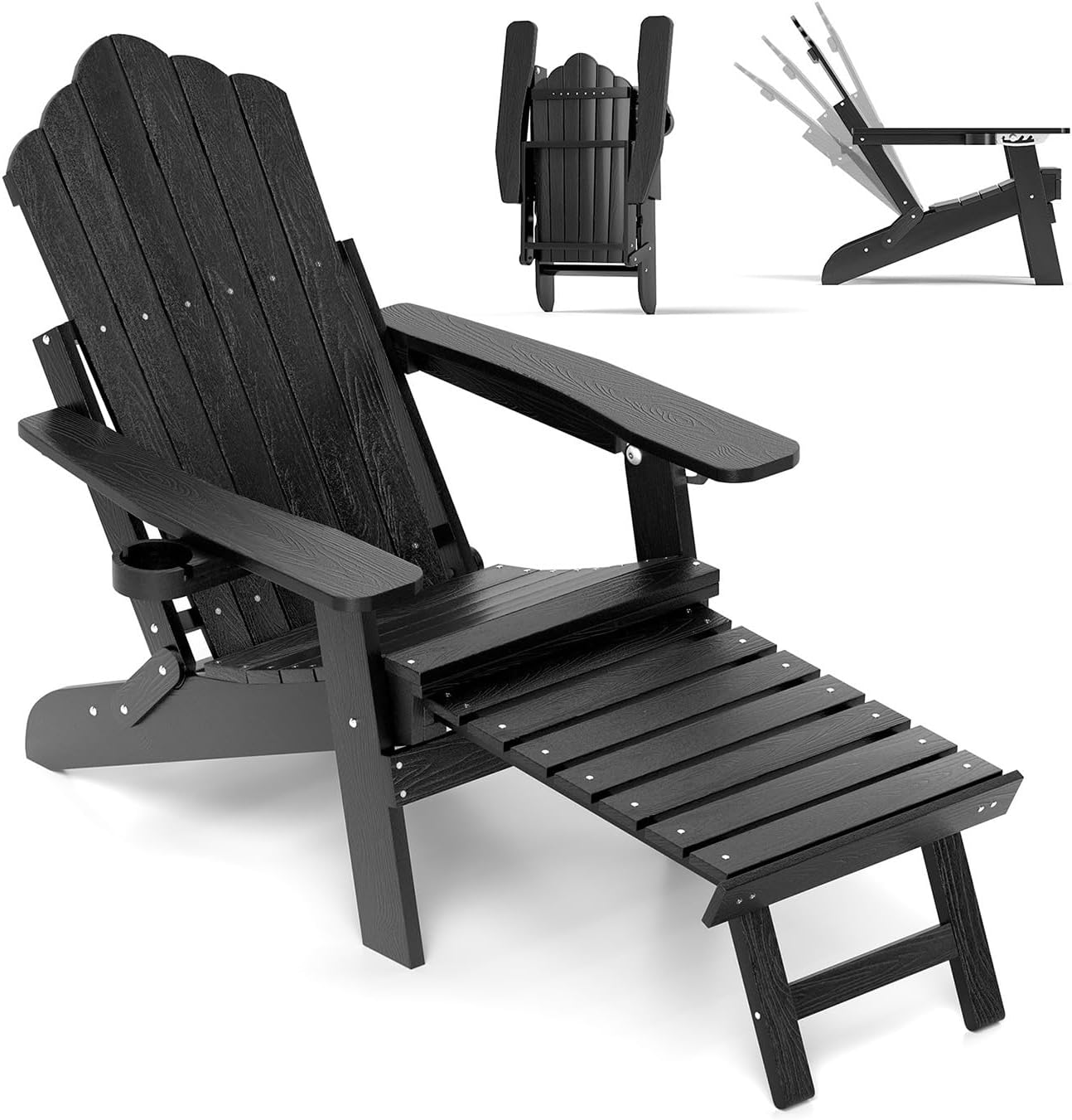 Chaise Adirondack En Plastique HIPS Résistant Aux Intempéries - Porte-gobelet Intégré, Charge Max 170kg - Noir/bleu/blanc/gris - 13