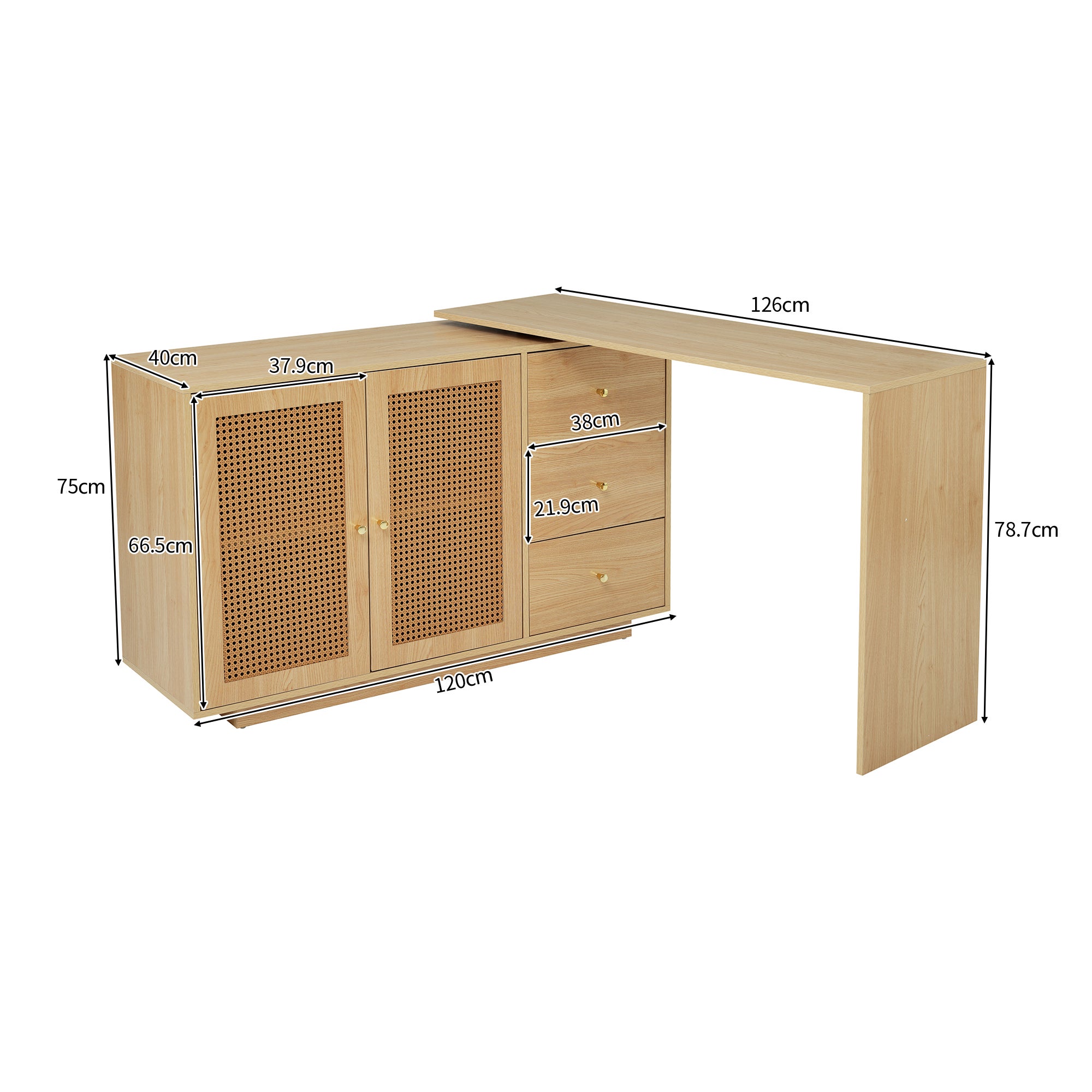 Bureau d'angle avec pivotant 360 degrés, portes en rotin, 3 tiroirs, MDF couleur naturelle - 3