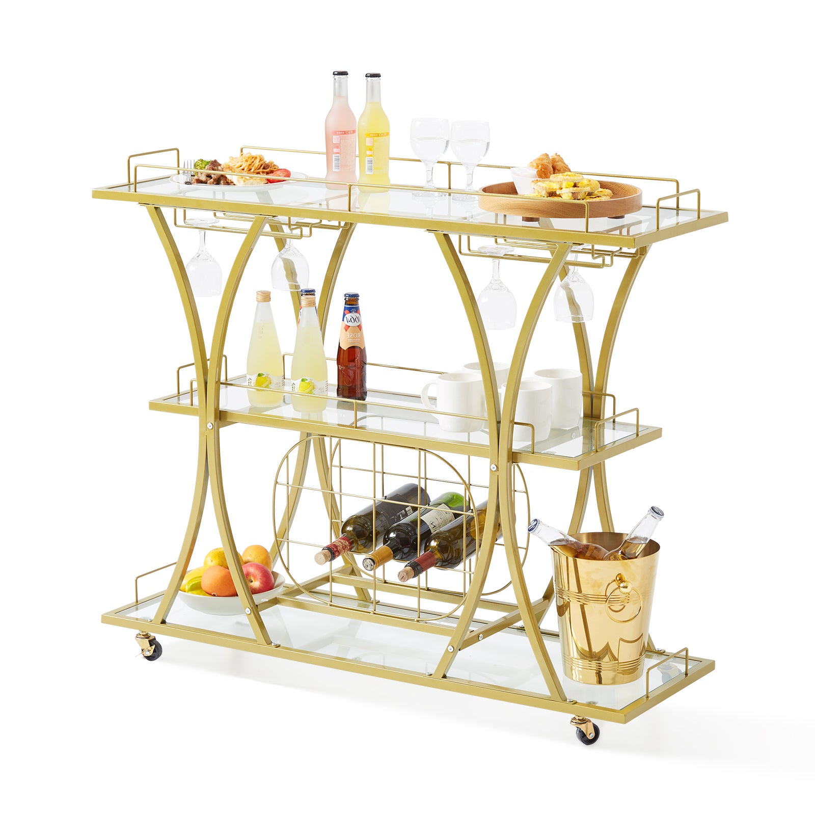 COSTWAY Carrello Bar a 3 Livelli, Carrello Portabevande con Portabicchieri, Portabottiglie, 8 Ganci e 2 Scatole Portaoggetti, Carrello di Vino per Cucina, Sala da Pranzo e Soggiorno