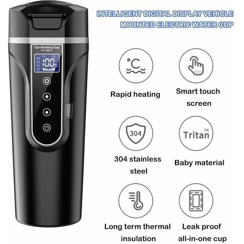 Bouilloire de voiture, bouilloire électrique de voiture 12V/24V, tasse d'eau chauffée avec écran LCD, en acier inoxydable 304 - 4