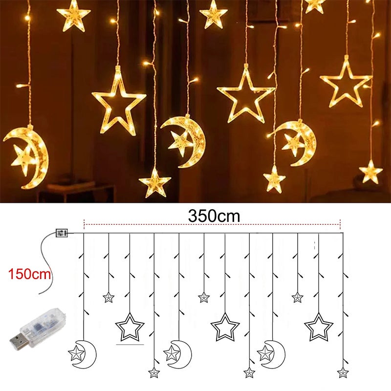 Guirlande lumineuse LED Star Moon, rideau lumineux de Noël de 3,5 m avec télécommande, décorations de Noël, 8 modes d'éclairage, blanc chaud - 2