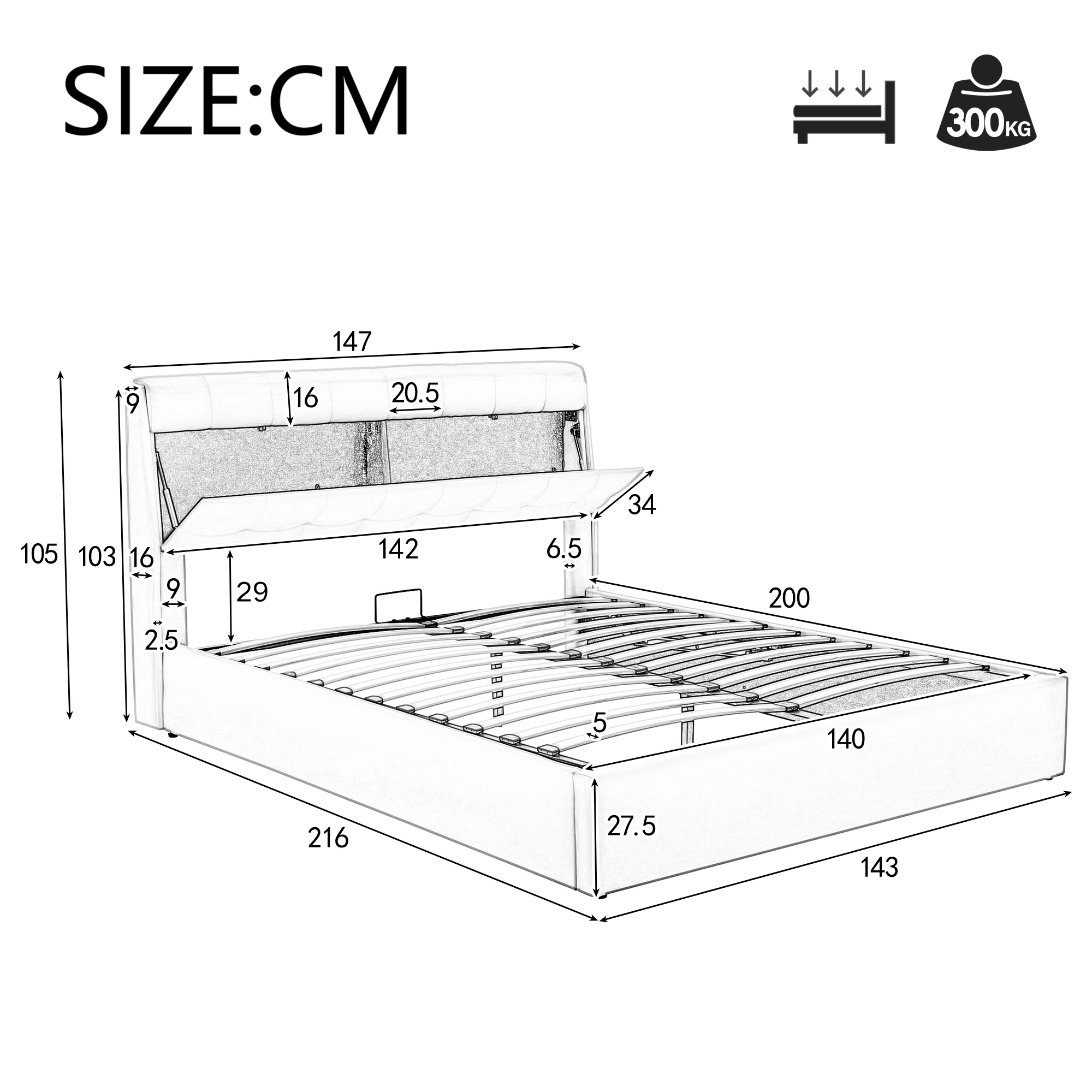Cama con almacenaje de piel sintética de 140x200 cm - con cabecero con almacenaje - Blanco - 5