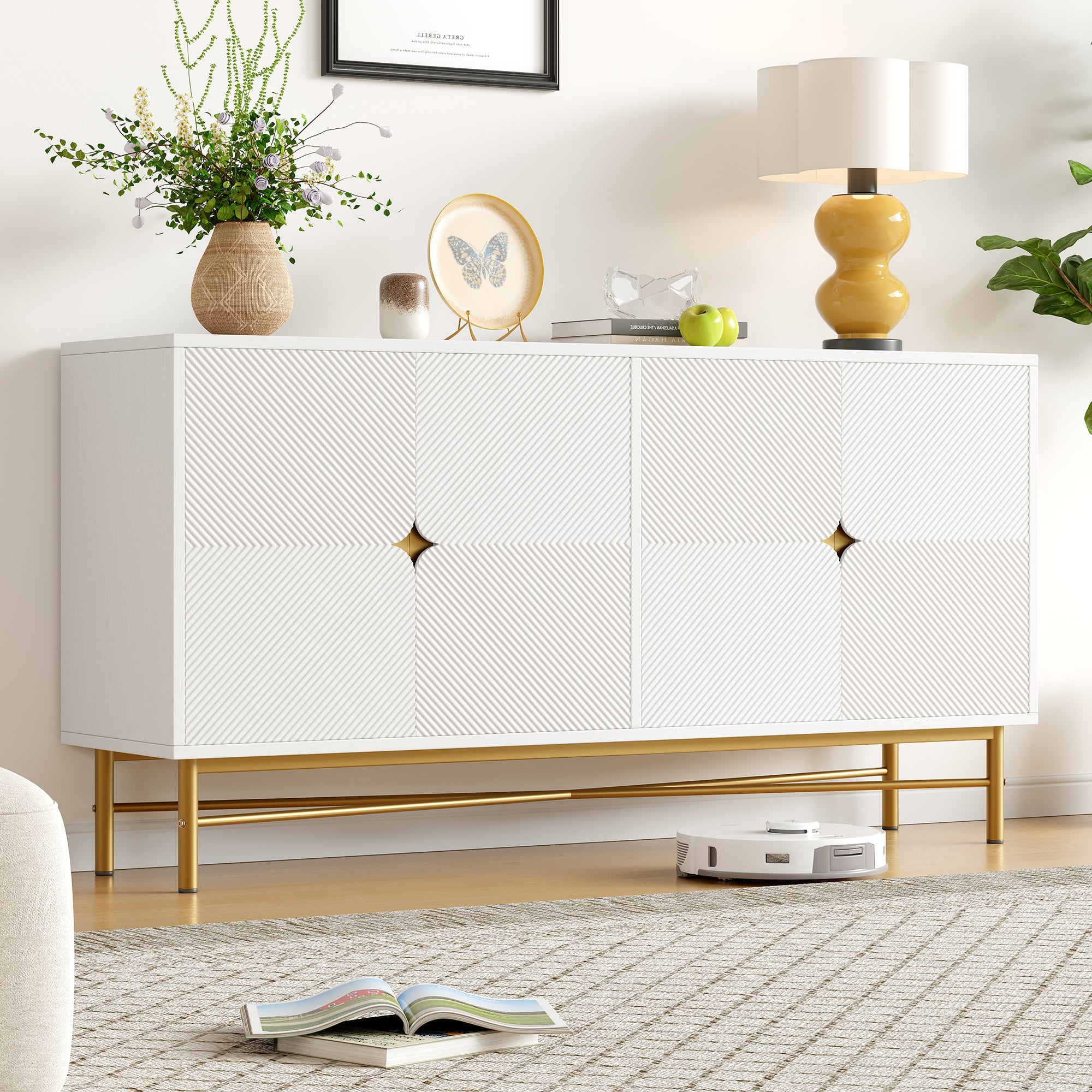 Buffet Blanc 160 cm, Meuble Salle à Manger avec 4 Portes - Rangement Storage avec poignées Dorées Brossées et Pieds Brillants - 4