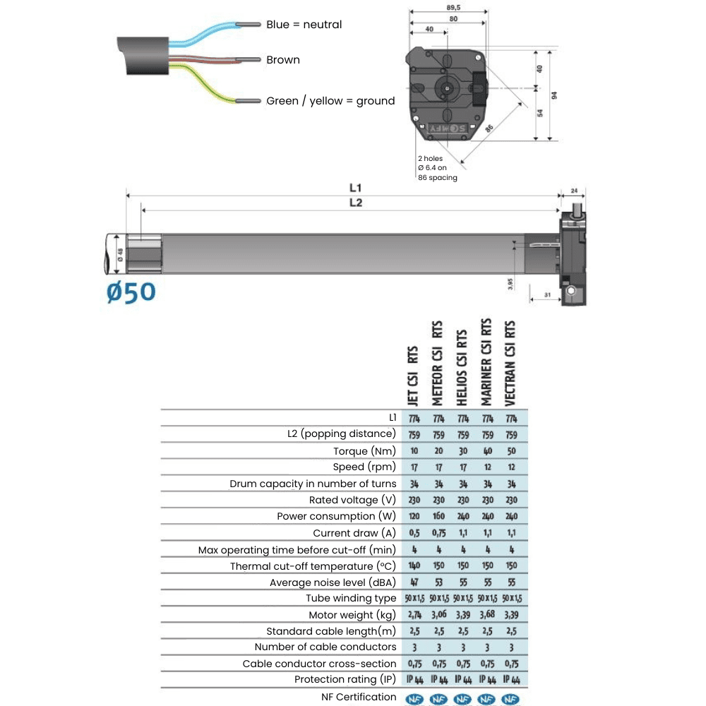 Kit remplacement moteur de volet roulant sans fil LT50 RTS CSI Mariner ...