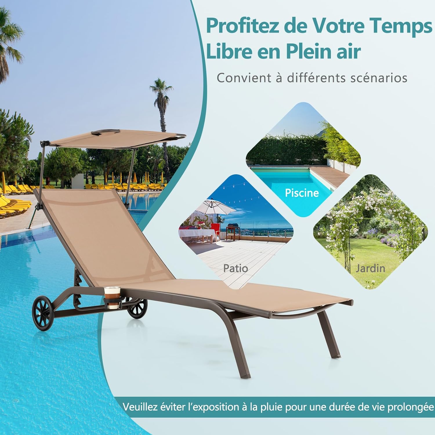 Transat Jardin Extérieur - Pare-Soleil Réglable, 165x61x96 CM, Bain de Soleil - Dossier Réglable 6 Niveaux avec Roulettes Charge 150KG, Marron - 7