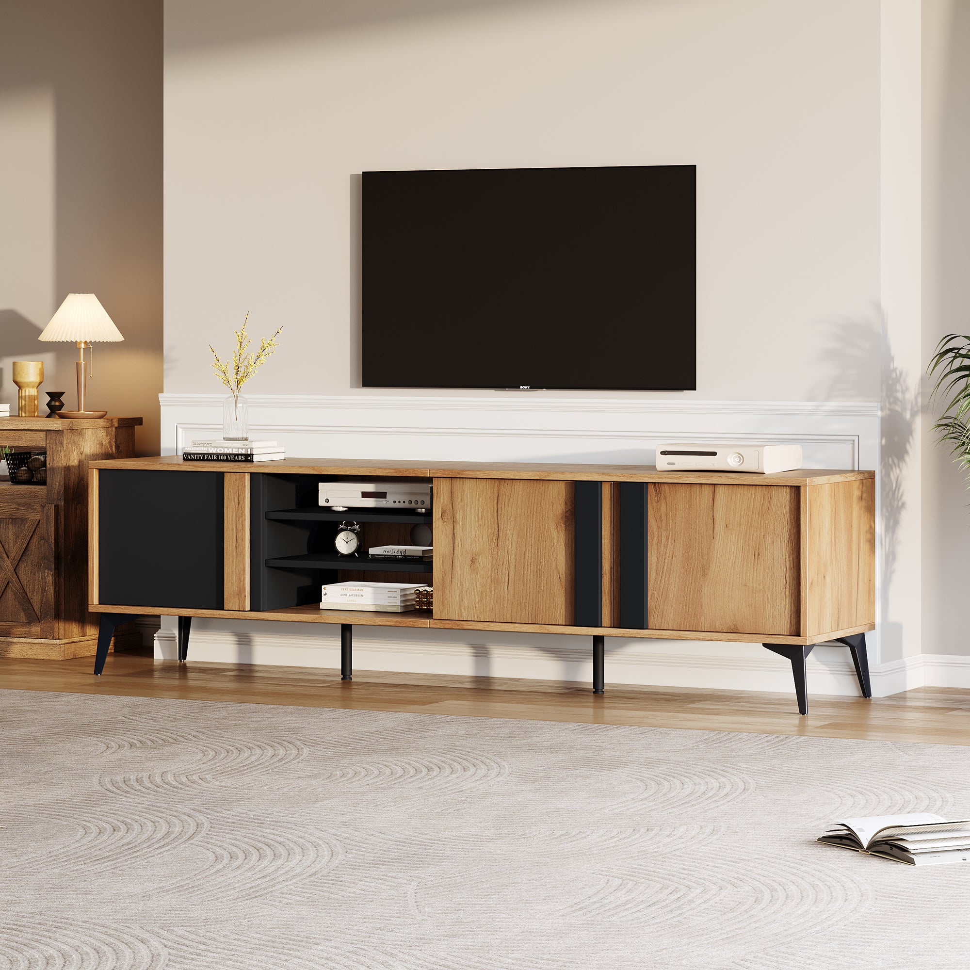 Meuble TV avec 3 portes et 3 niches ouvertes - 180 x 40 x 50 cm - Panneau de particules - Marron et noir - 2
