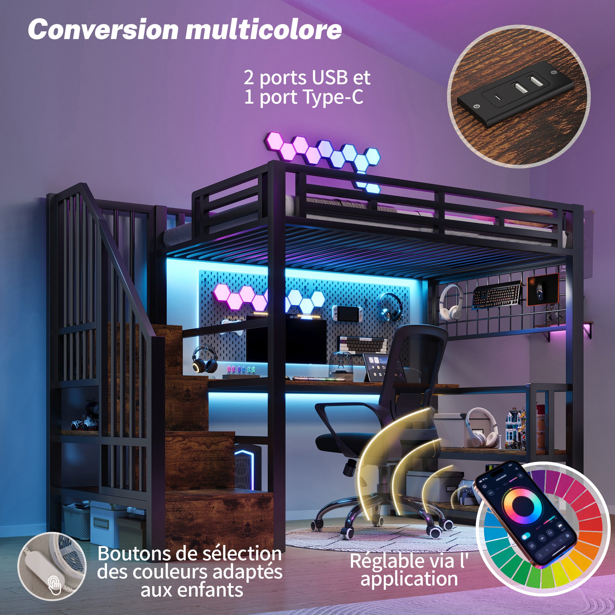 Lit mezzanine en fer 90x200 cm avec bureau, éclairage led et 2 usb + type-c, lit superposé avec étagères et treppe rangement, noir (sans matelas) - 2