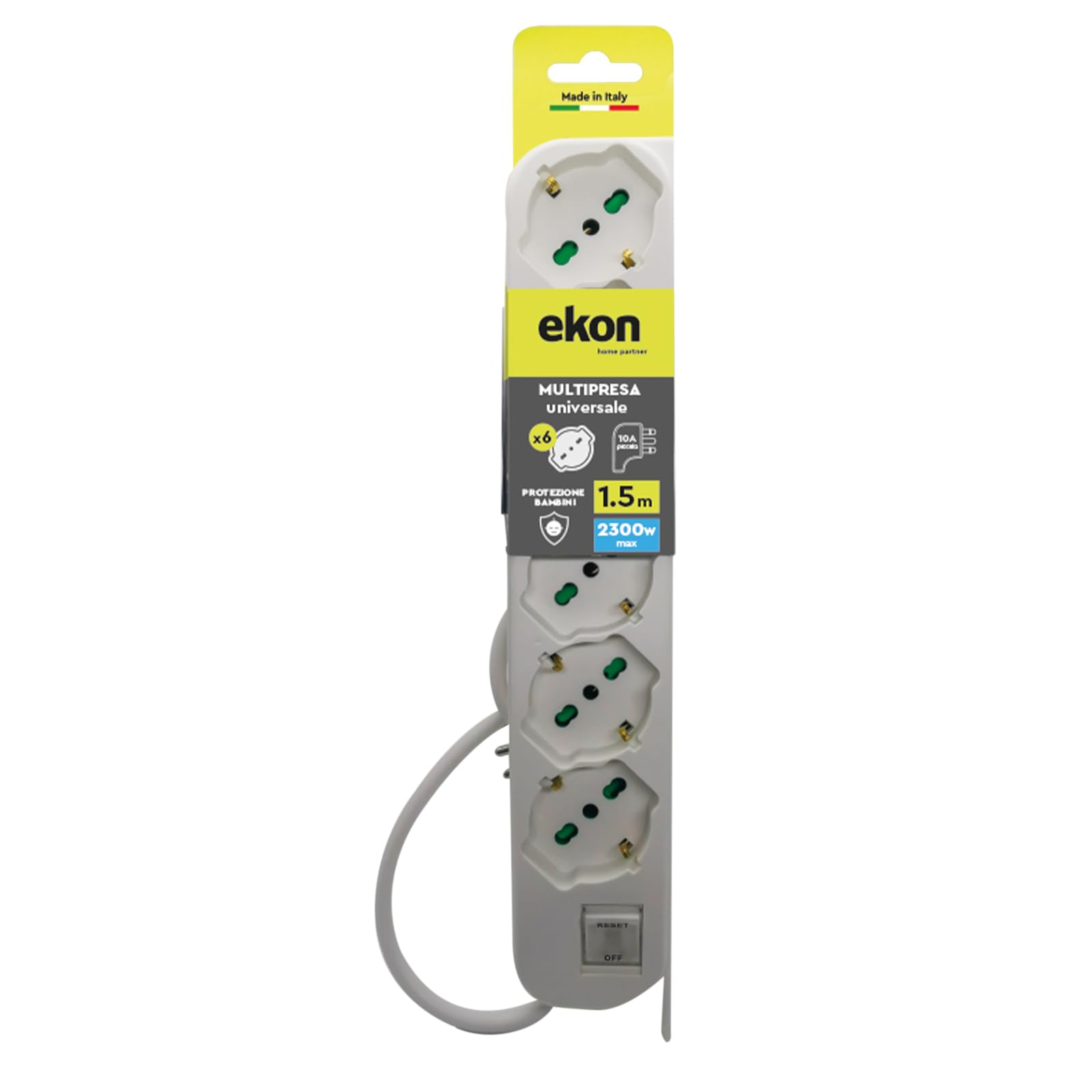 Ekon multipresa a ciabatta con 6 porte, per spine italiane, per prese schuko, spine europee, cavo da 1.5m, spina italiana 10A, interruttore luminoso, | Leroy Merlin