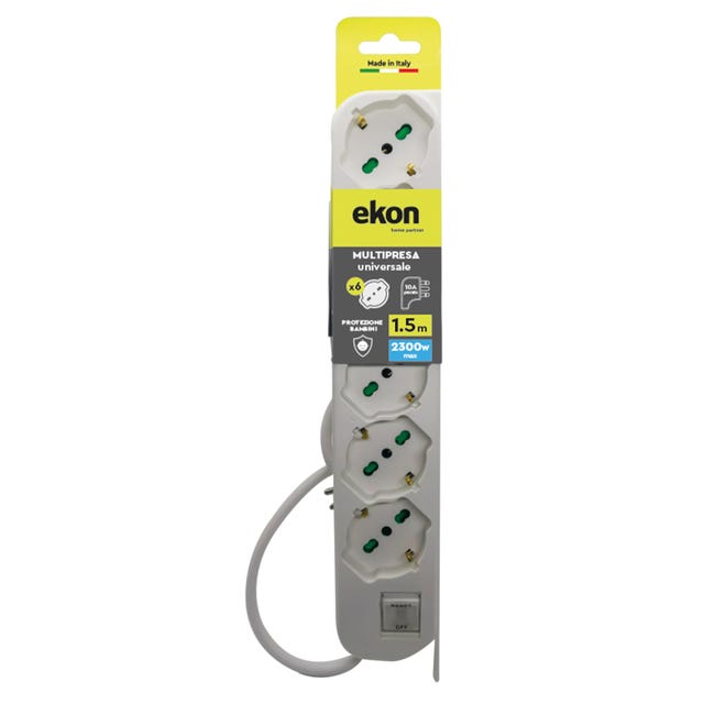 Ekon multipresa a ciabatta con 6 porte, per spine italiane, per prese schuko, spine europee, cavo da 1.5m, spina italiana 10A, interruttore luminoso, | Leroy Merlin Ekon multipresa a ciabatta con 6 porte, per spine italiane, per prese schuko, spine europee, cavo da 1.5m, spina italiana 10A, interruttore luminoso, | Leroy Merlin