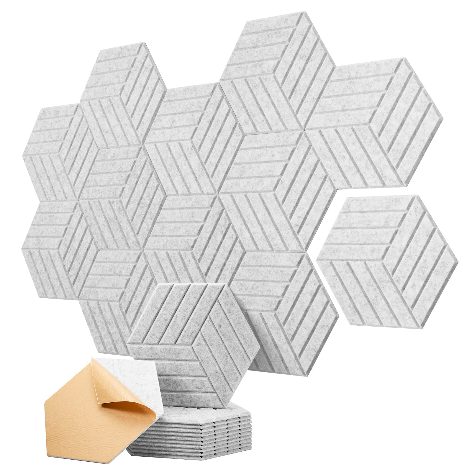 Paquete de 12 paneles acústicos autoadhesivos, paneles acústicos de poliéster de alta densidad, paneles de insonorización hexagonales, gris claro