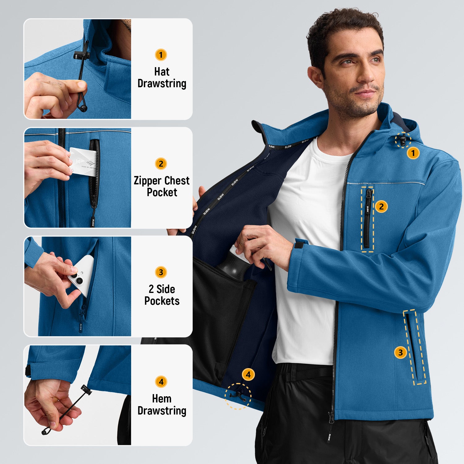 Veste de Travail Homme Blouson & Softshell de Travail - Imperméable, Anti-Vent, Fourré Chaud, Poches Multiples, Capuche Amovible - Bleu M - 2