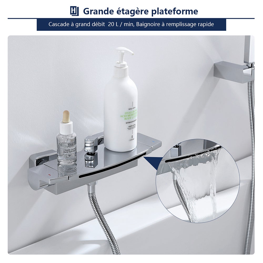 Mitigeur de Baignoire Cascade Robinet de Douche Mural avec Douchette à Mains Laiton Set de douche en Laiton Chromé - 7