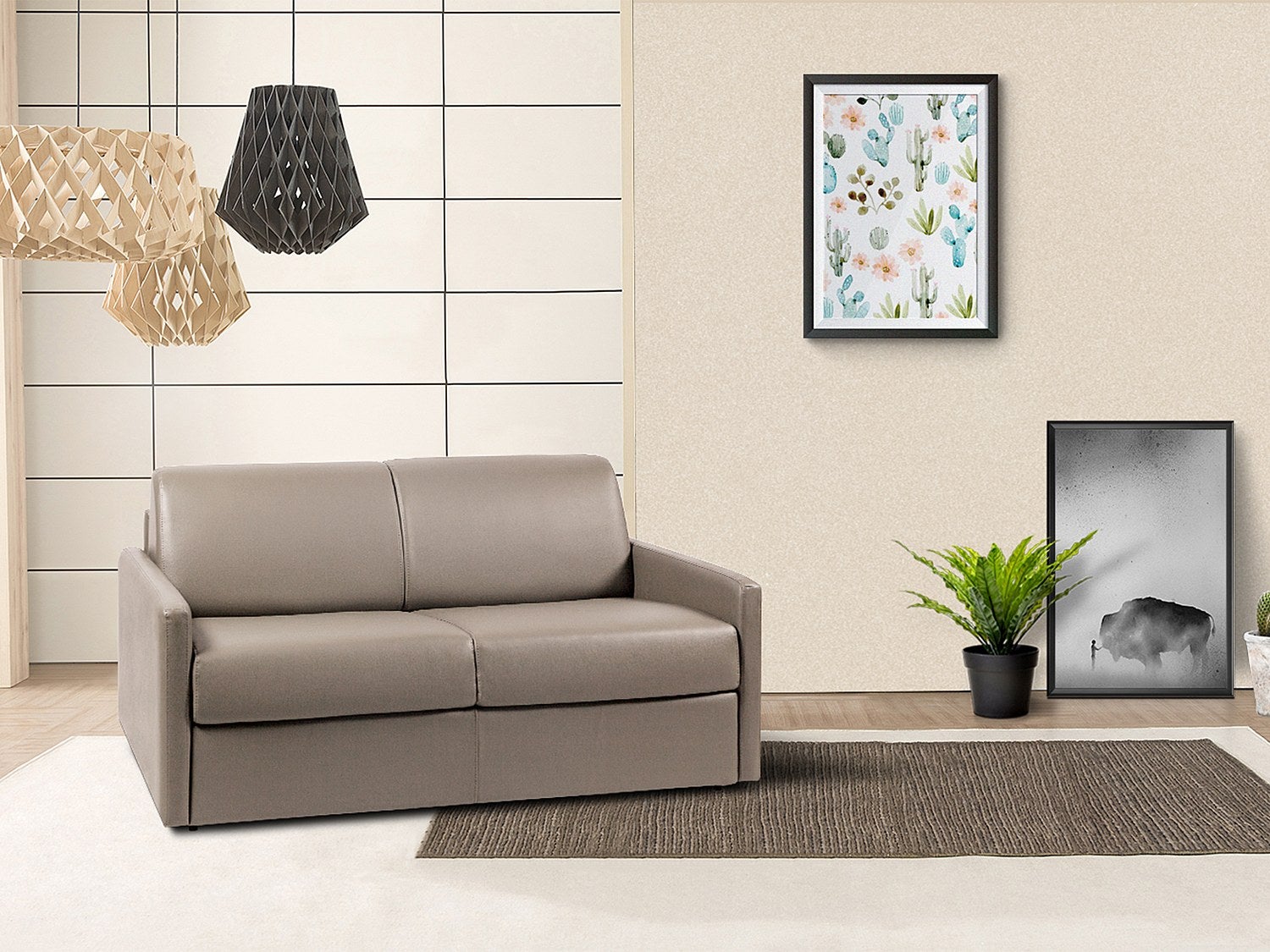 Kanapa 2-osobowa z ekspresowym mechanizmem rozkładania z ekoskóry CALIFE - Kolor: taupe - Miejsce do spania: 120 cm - Materac 22 cm z pamięcią kształt