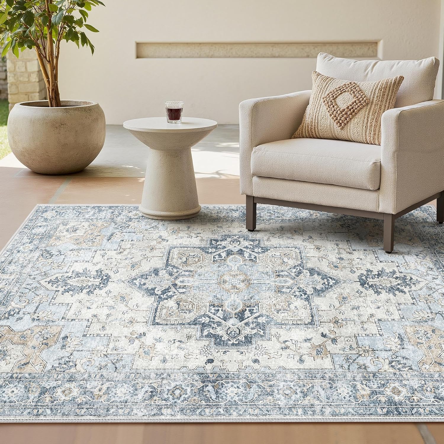 1 tapis de salon bleu vintage, 120 x 160 cm, envers antidérapant, lavable, poils ras, convient pour cuisines, salles à manger, bureaux et chambres - 8