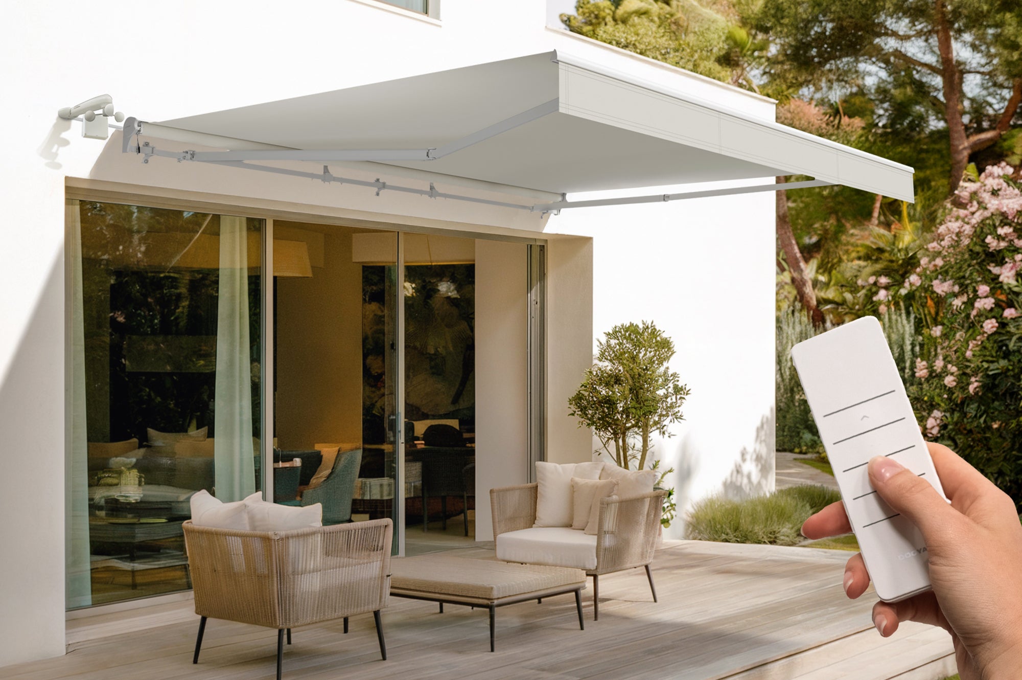 FAZZIO 4m x 3m biała markiza półkasetowa z napędem silnikowym i beżową tkaniną