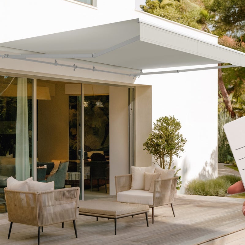 FAZZIO 4m x 3m biała markiza półkasetowa z napędem silnikowym i beżową tkaniną