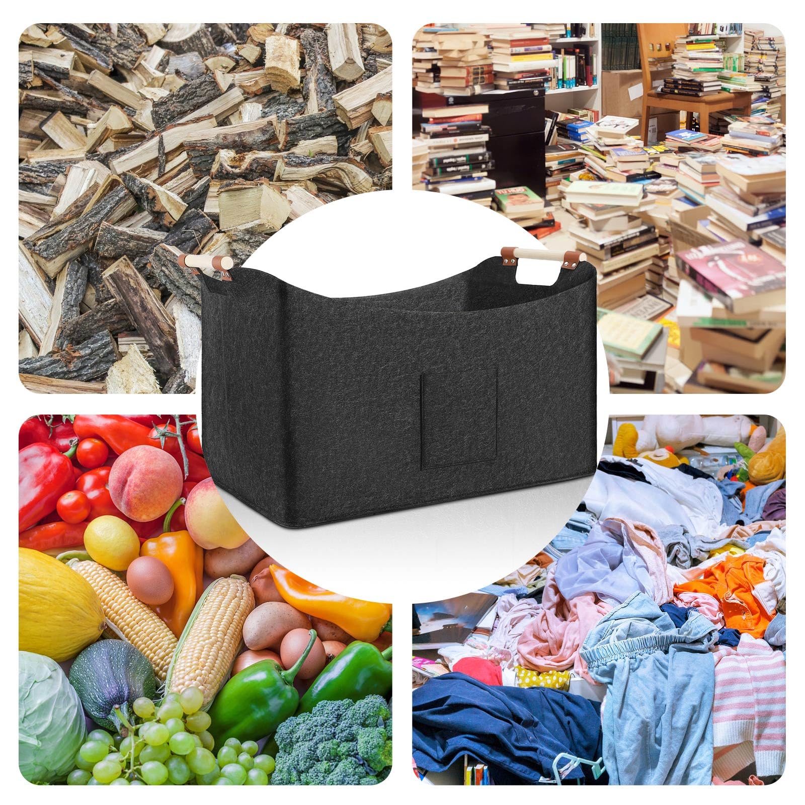 Panier à bois de chauffage pliable 96L, sac en feutre, 60 x 40 x 40 cm, panier à bûches avec poignées de transport, panier en feutre - 4