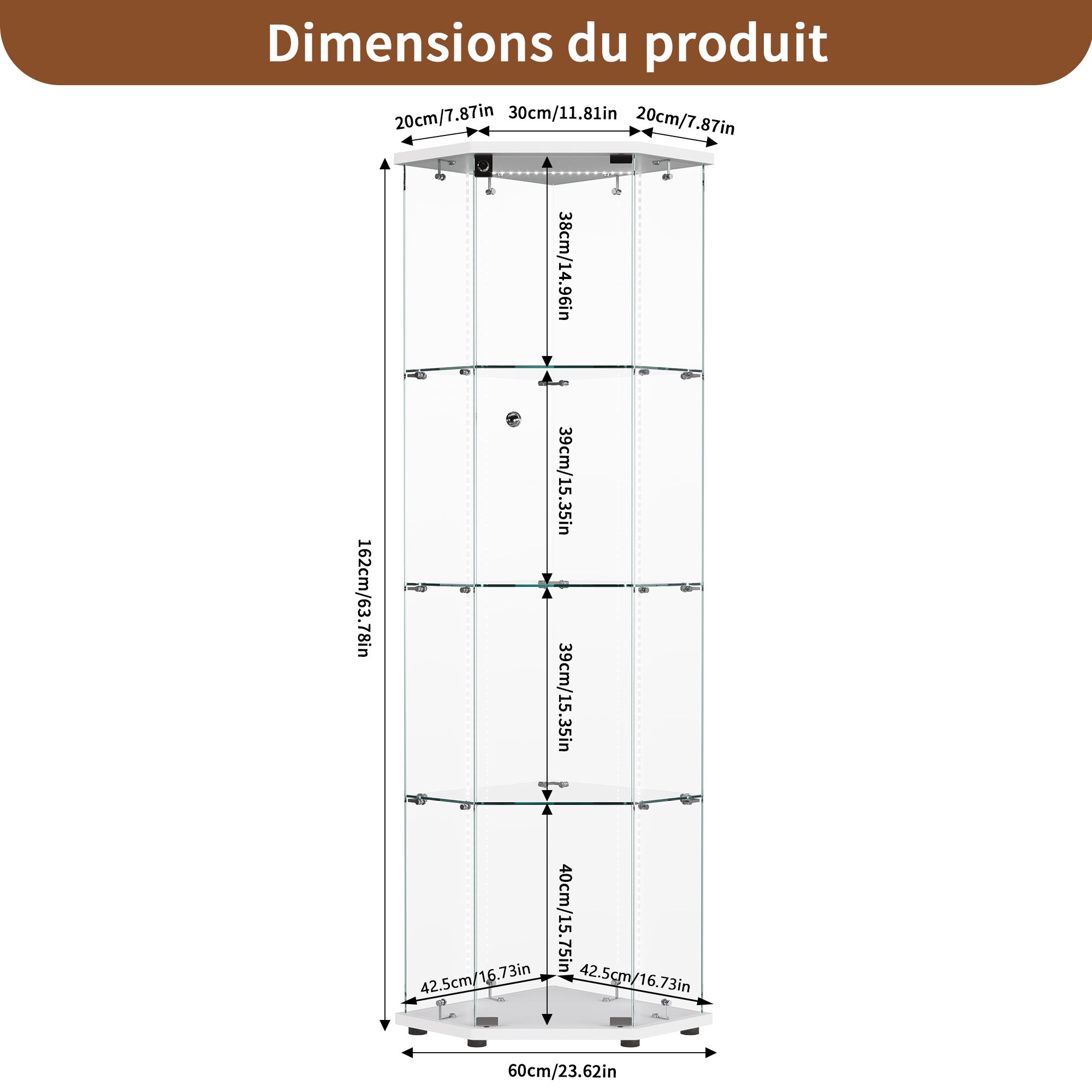 Vitrine pour collection, Vitrine en Verre, Transparent LED Vitrine en verre 4 Couches avec 1 Porte, pour salon et chambre à coucher,cinq angles - 9
