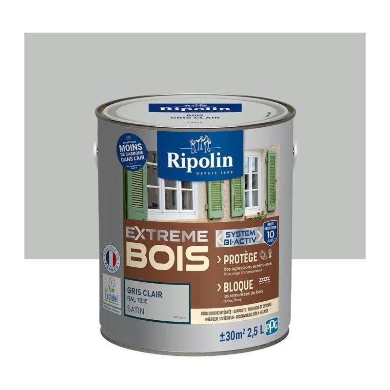 RIPOLIN Peinture pour bois intérieur et extérieur - Gris clair Ral 7035 satin - 2,5 L - 2