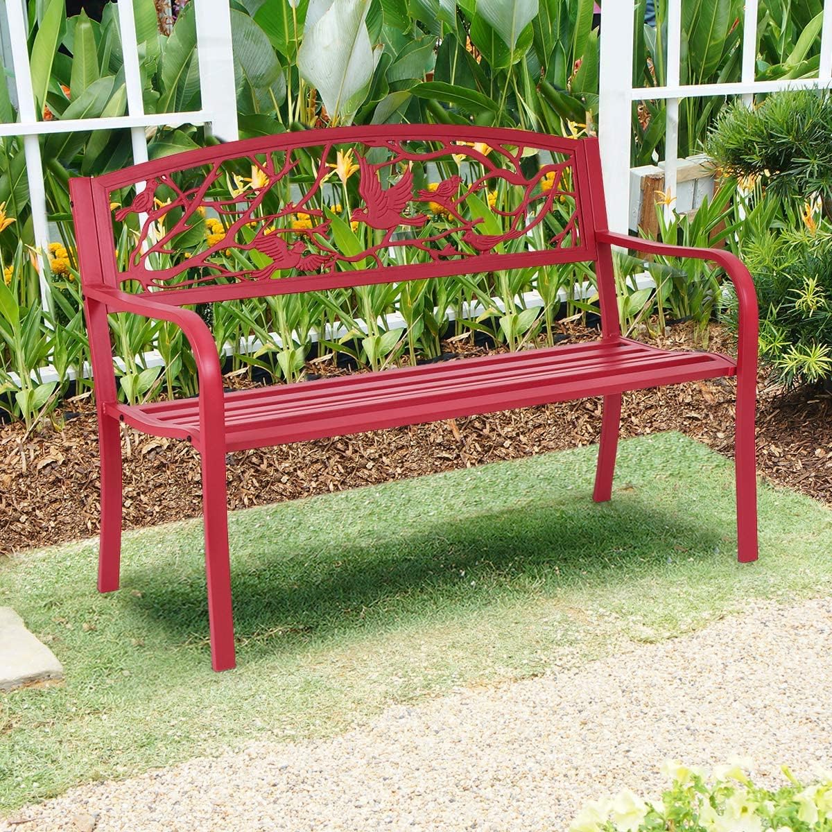 Banc de Jardin Structure Stable Banquette de Jardin Motif Oiseaux et Branches pour Parc Terrasse Balcon 123 x 60 x 88 cm Rouge - 2