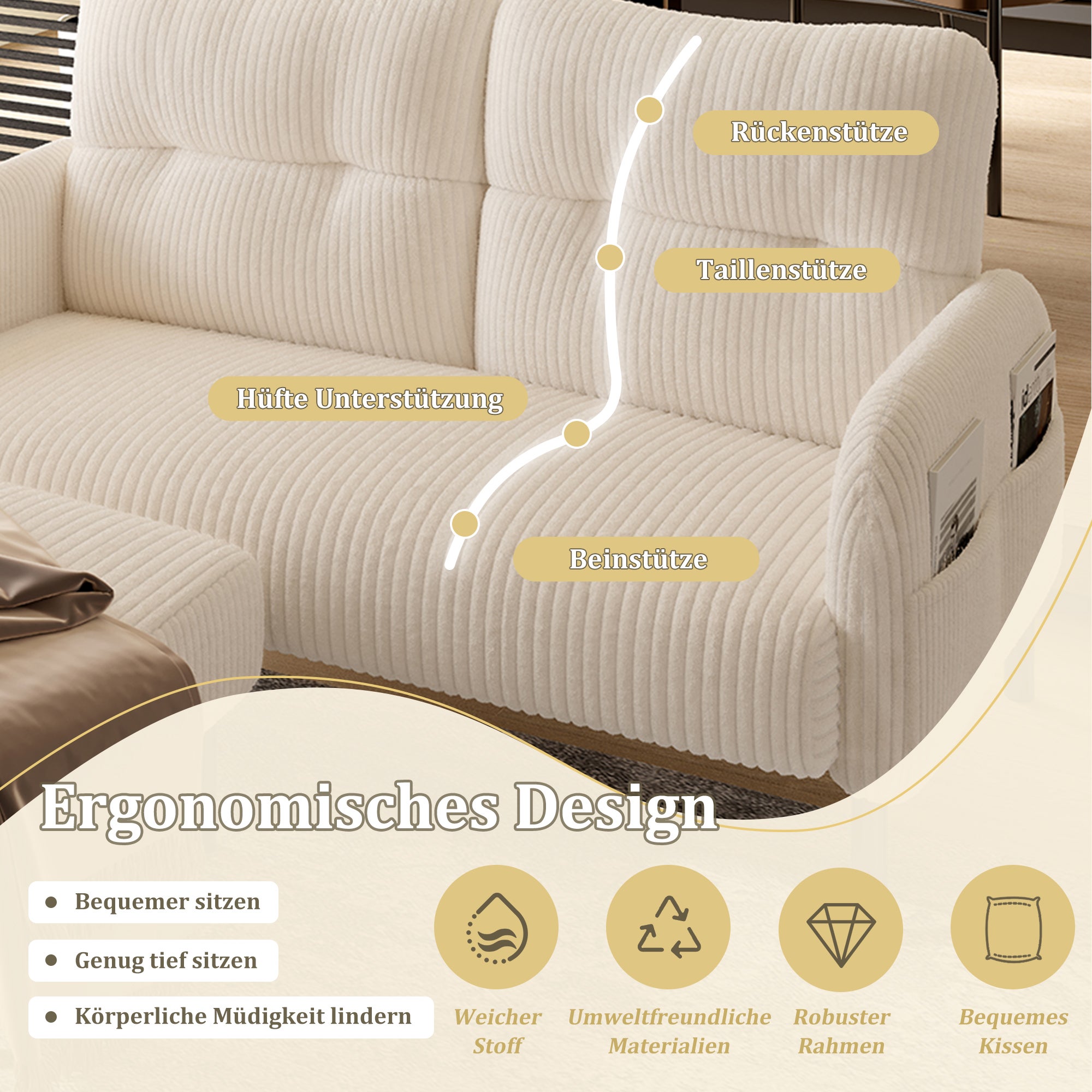 Canapé 2 places velours côtelé - Dossier haut pieds métal poches latérales pour salon/bureau - 4