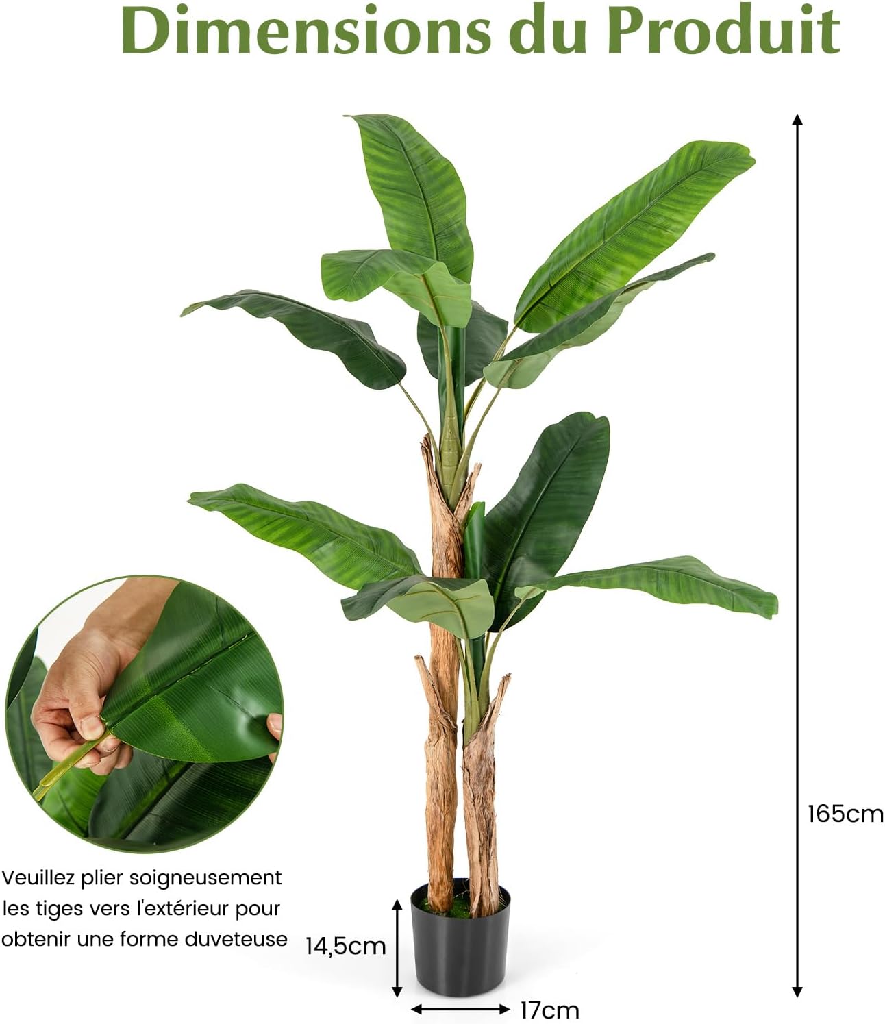 Plante Artificielle Tiges Doubles, Fausse Plante de Bananier 10 Grandes Feuilles Plante Verte en Pot, Décoration Palmier d'Intérieur 165 CM - 5