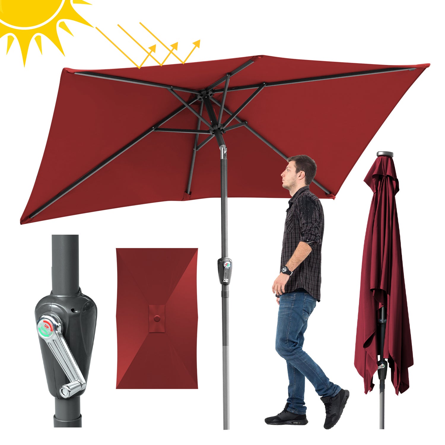 Prosty parasol ogrodowy z ochroną UV i funkcją pochylania Ø300x200cm Czerwony