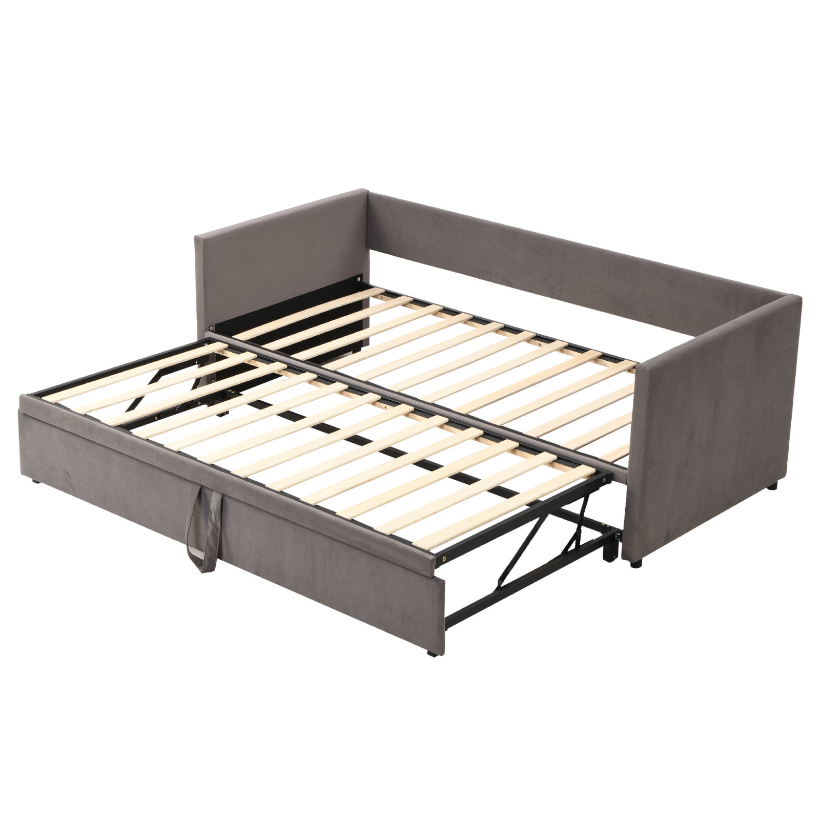 Canapé convertible lit 90/180x200 cm, avec lit gigogne, sommier à lattes, structure métallique, revêtement en velours, lit double - Gris - 5