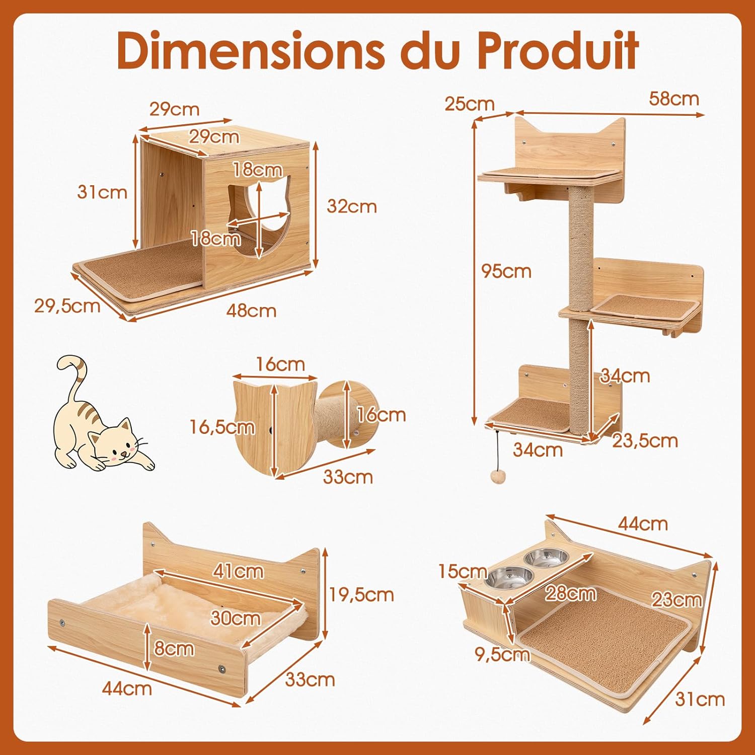 Arbre a Chat Mural en Bois, 6 Pcs Parcours Chat, Hamac, Condo, Plateforme avec 2 Gamelles, Tour pour Chaton à 3 Niveaux, 3 Marches - 2