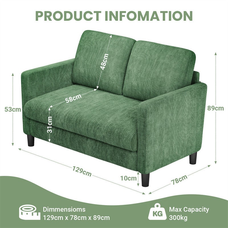 DRIPEX Mini Canapé 2 places en Velours Côtelé Vert,Petit canapé 129×78×89cm avec 2 dossiers pour le salon,chambre à coucher - 3